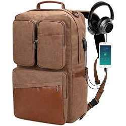 Vintage Canvas Backpack with USB Charging Port Unisex Large Luggage Bag for Travel