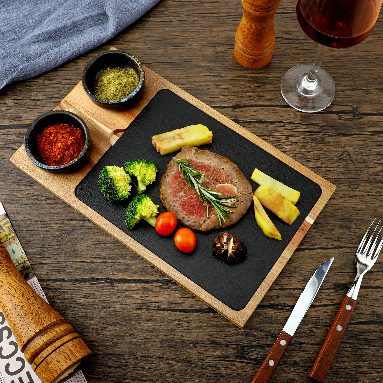 2024 popular factory direct natural stone slate acacia wood food tray cheese board set hotel restaurant wooden serving board