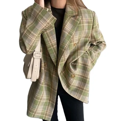 2024 Spring and autumn new casual loose double-breasted ladies plaid small suit jacket
