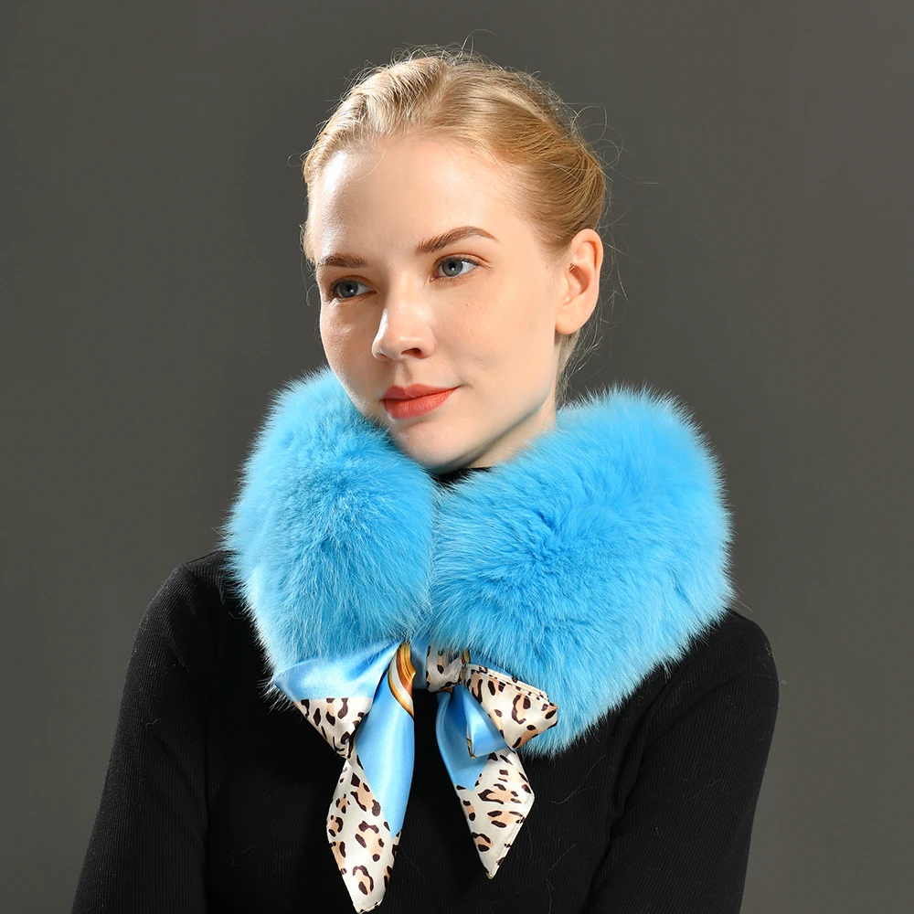 Custom Fashionable Winter Women Real Fox Fur Collar Scarf with Ribbon Winter Warm Luxury Silk Fur Scarf Women