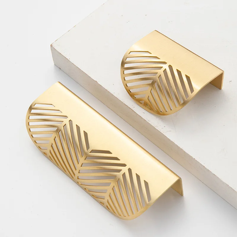 Wholesale Simple and Creative Leaves Brass Handle Quality Pure Copper Clothes Cabinet Invisible Drawer Gold Hollow Door Handle