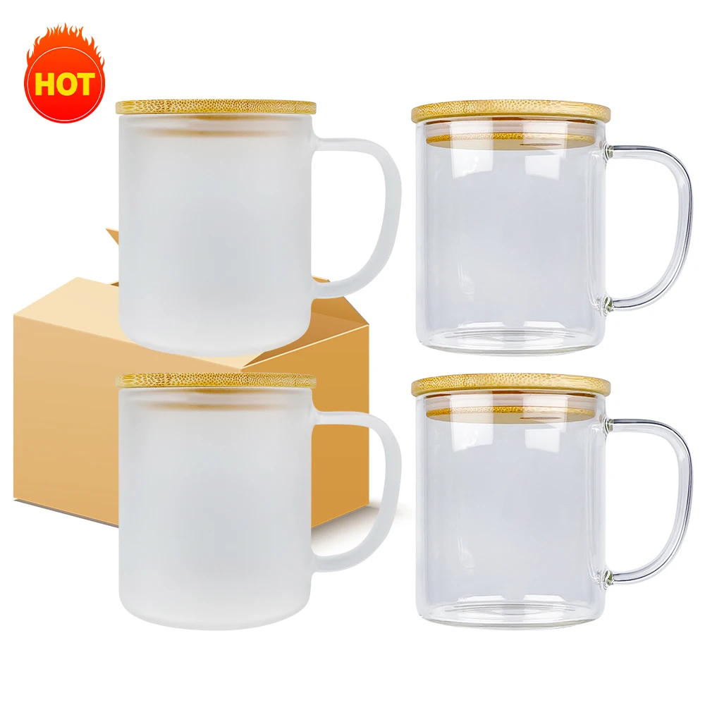 Crystal clear high borosilicate 11oz 17oz frosted sublimatable glass coffee mug with handle for Heat Thermal Coating Transfer