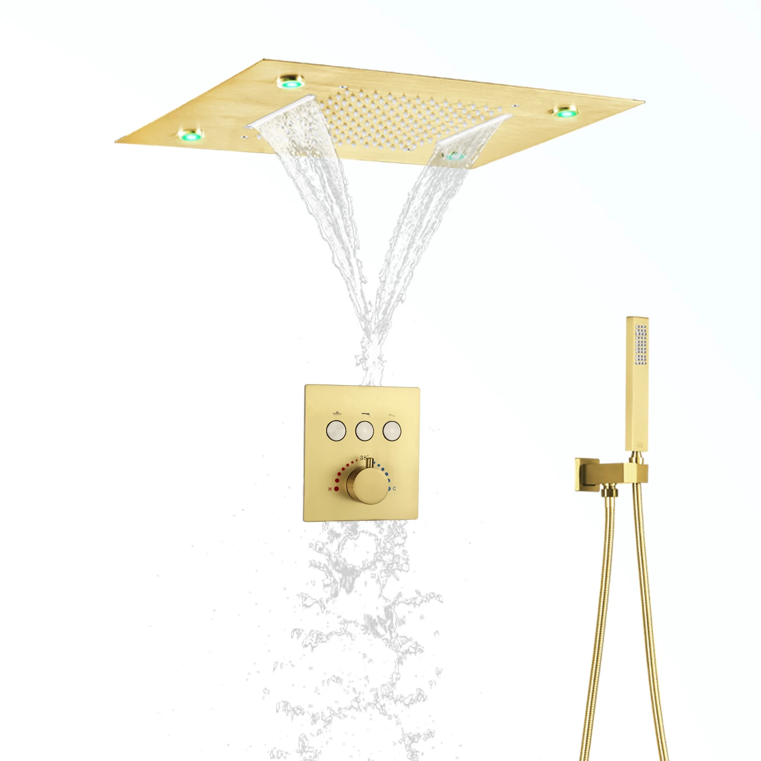 Ceiling Shower System 20x14 Inch Large LED Shower Head Rain Waterfall Bath Gold Faucets Set With Thermostatic Mixer Valve