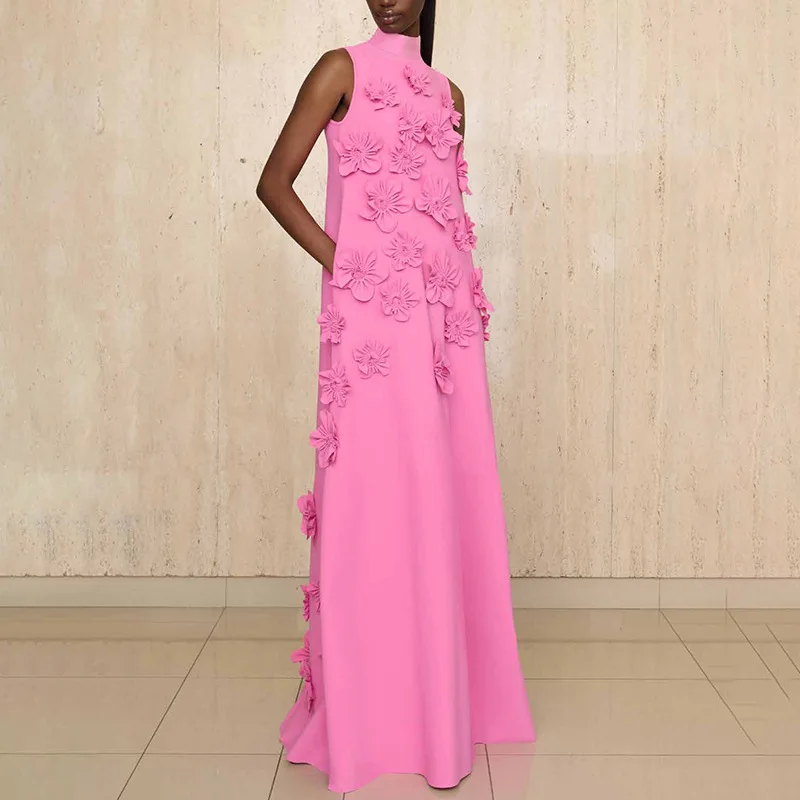 QZ1028  New 2024 Summer Fashion Stand Sleeveless Knee-Length Dress Women Vestidos 6