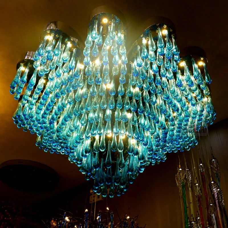 Люстра из синего стекла для отеля и декоративная люстра в виде капли воды вестибюля