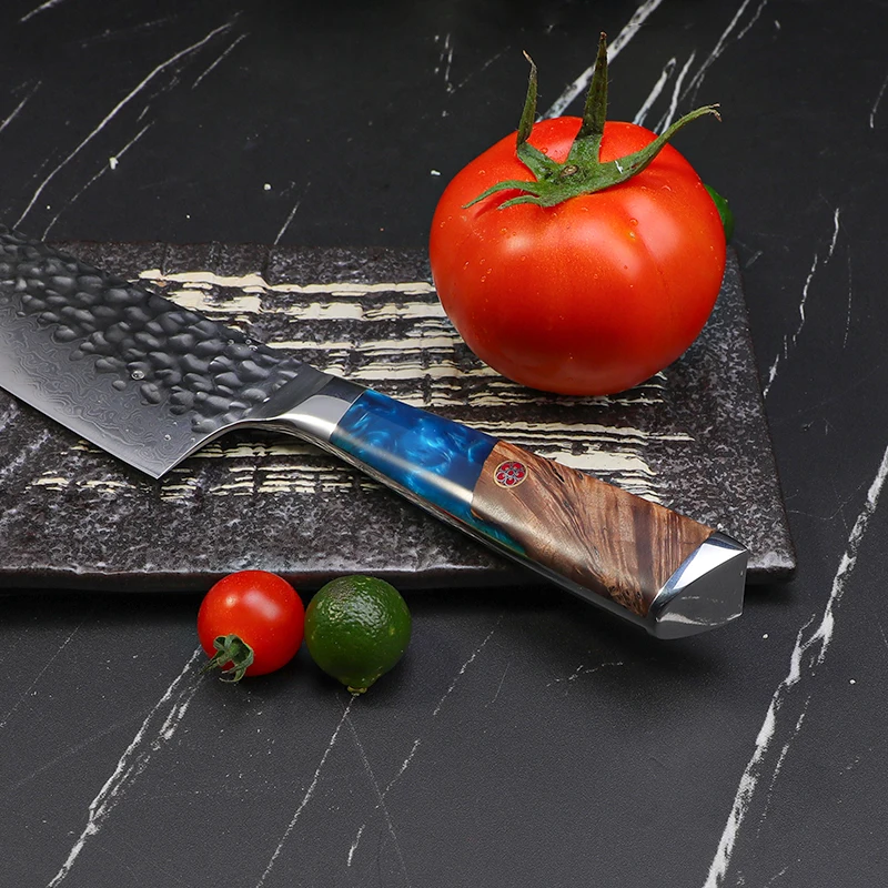 TUOBITUO Factory OEM Custom Blue Resin Handle Japanese 67 Layers Damascus Steel Forged VG10 Kitchen Chef Knife