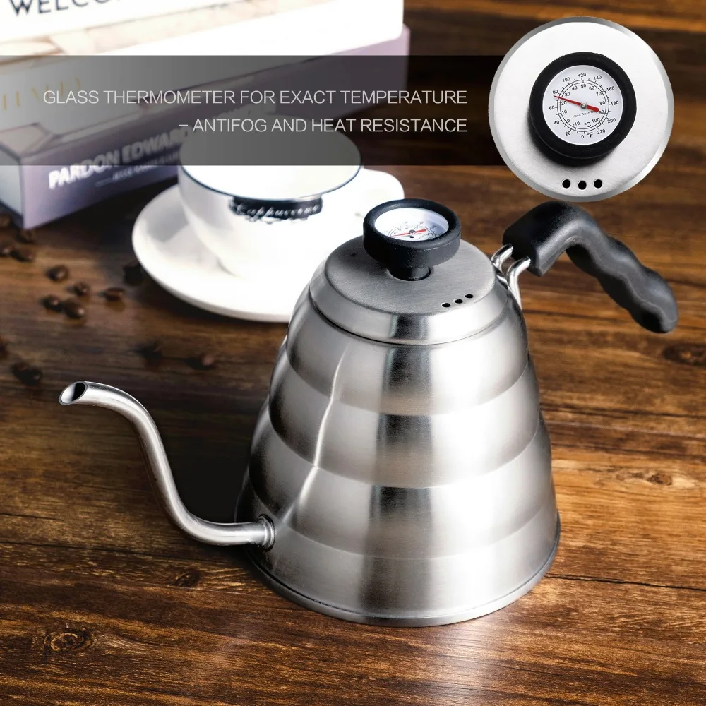 1.2L Stainless Steel Coffee Kettle with Thermometer, Gooseneck Thin Spout for Hand Drip Pour Over Coffee Tea Pot Teapot Kettle