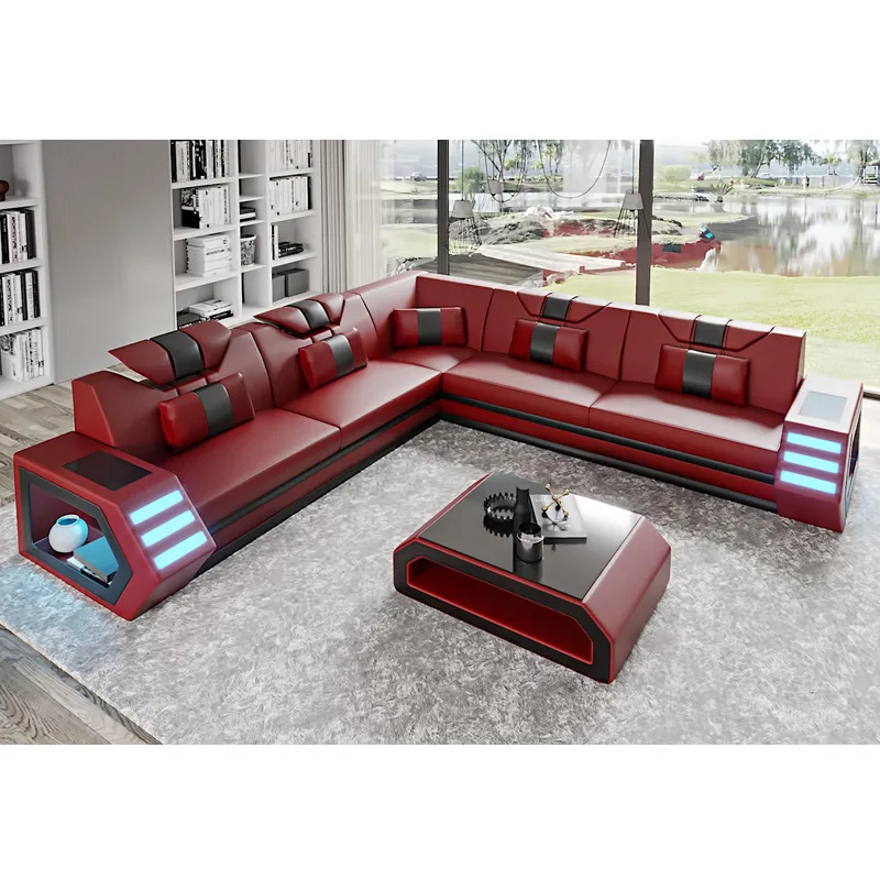 Italian modern Customizable luxury Intelligent Music USB charge Function leather living room furniture corner section sofas set