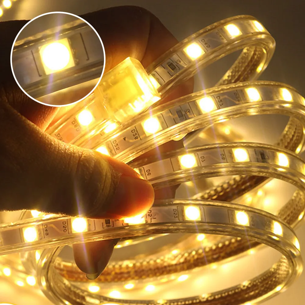 220 Volt 5050 LED Strip Light  60 L/M EU Power Plug Waterproof IP67 Flexible Ruban Tape 2m 3m 5m 10m 20m for Kitchen Home