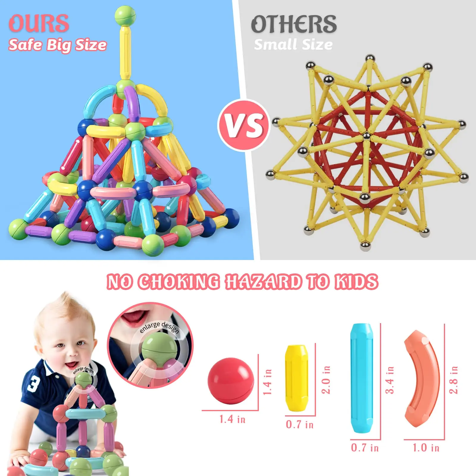 Kindergarten Toys Age 2-4 Toddler Educational Toys Magnetic Blocks Balls and Rods Set 64 Pcs  Magnetic Stick Montessori Toys