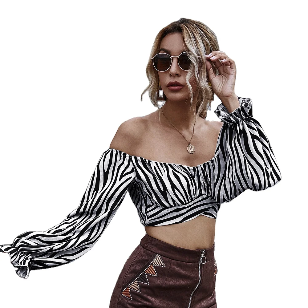 
Elastic Bubble Sleeves High Waist Leaky Shoulder Tiger Print Short Top T-Shirt 