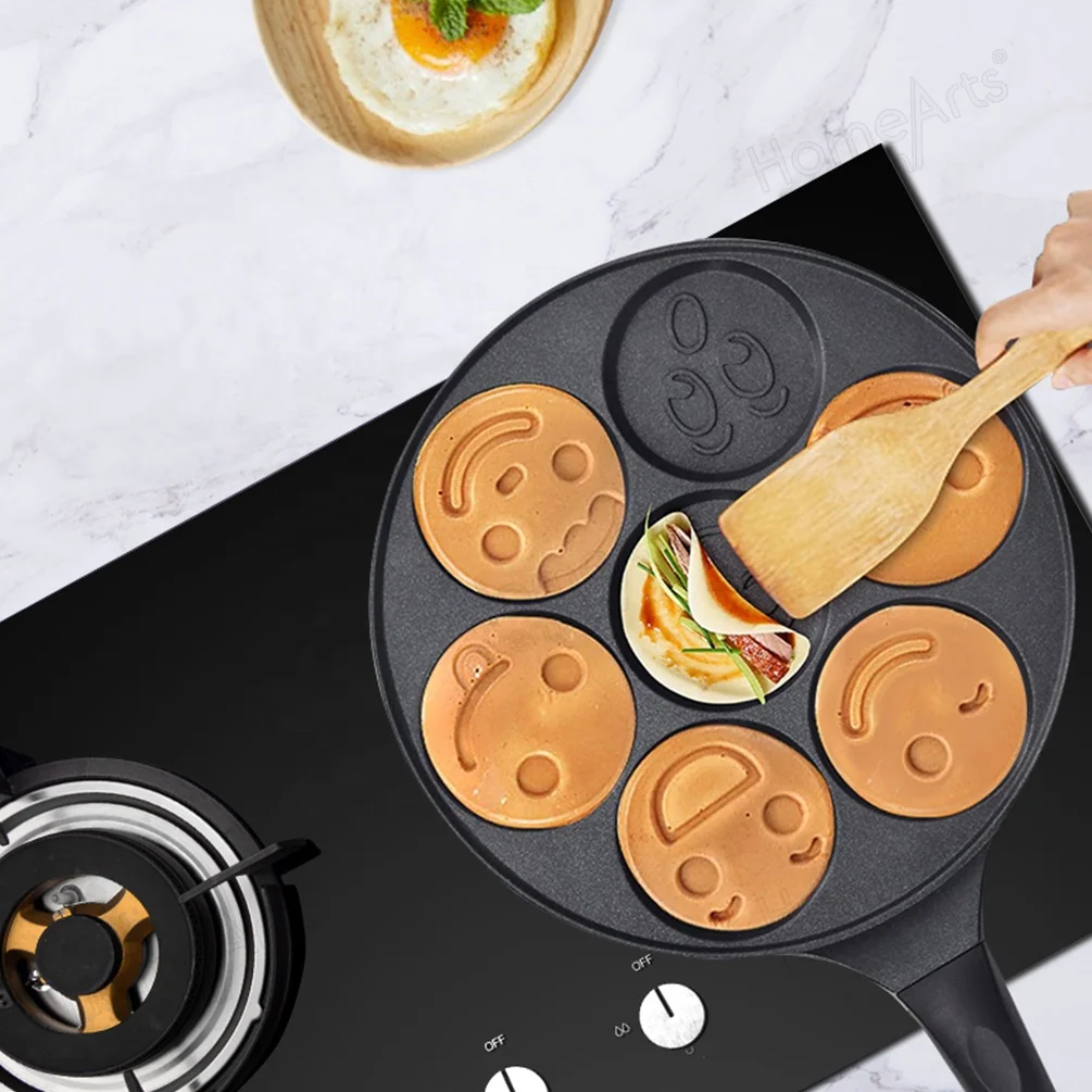 Factory price 26cm kitchen 7 holes Egg cooking non stick frying smiley pancake pan