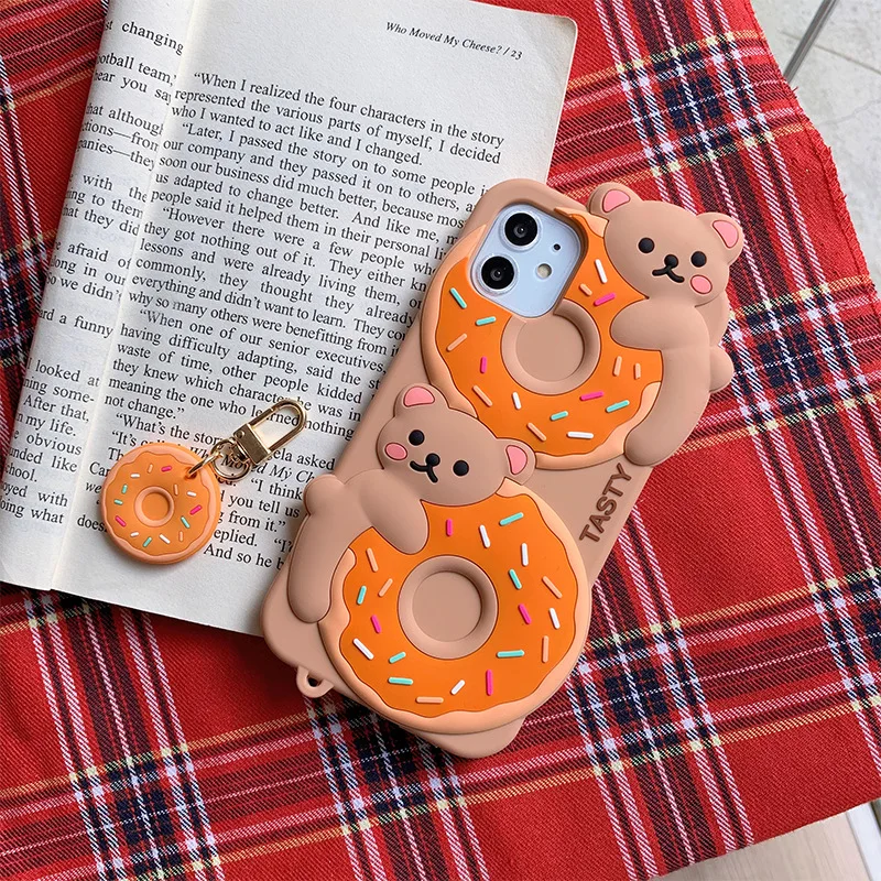 3D Cute Cartoon Tasty Donuts Bear silicone Phone Case for iPhone 13 12 11 Pro XS Max 7 8 Plus Key Ring Pendant Soft Back Cover