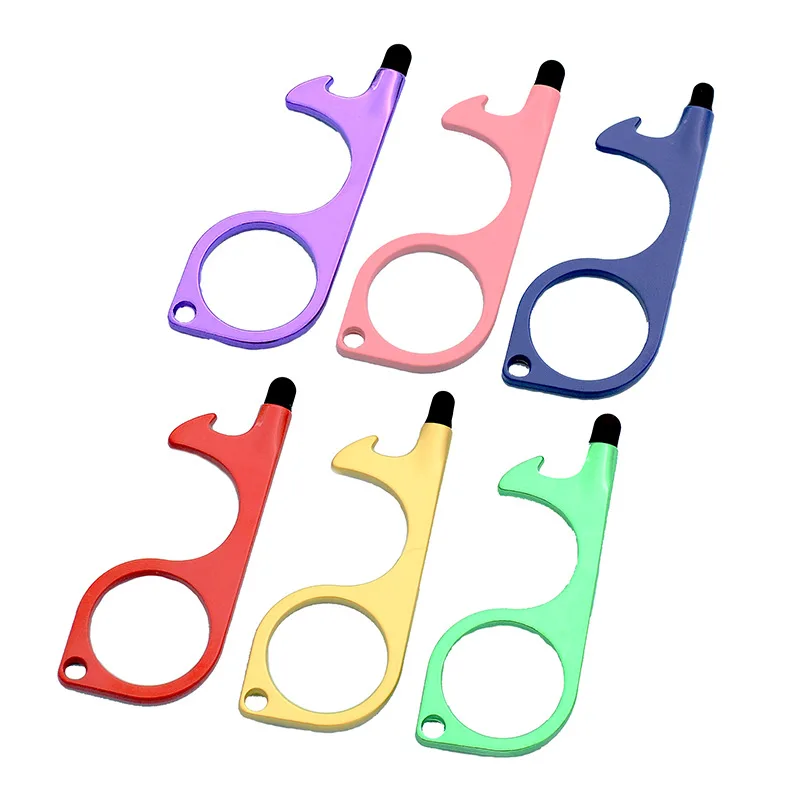 Self Defense Keychain safety tool hand free stylus key tool no touch metal keychain door opener with stylus tip and keyring