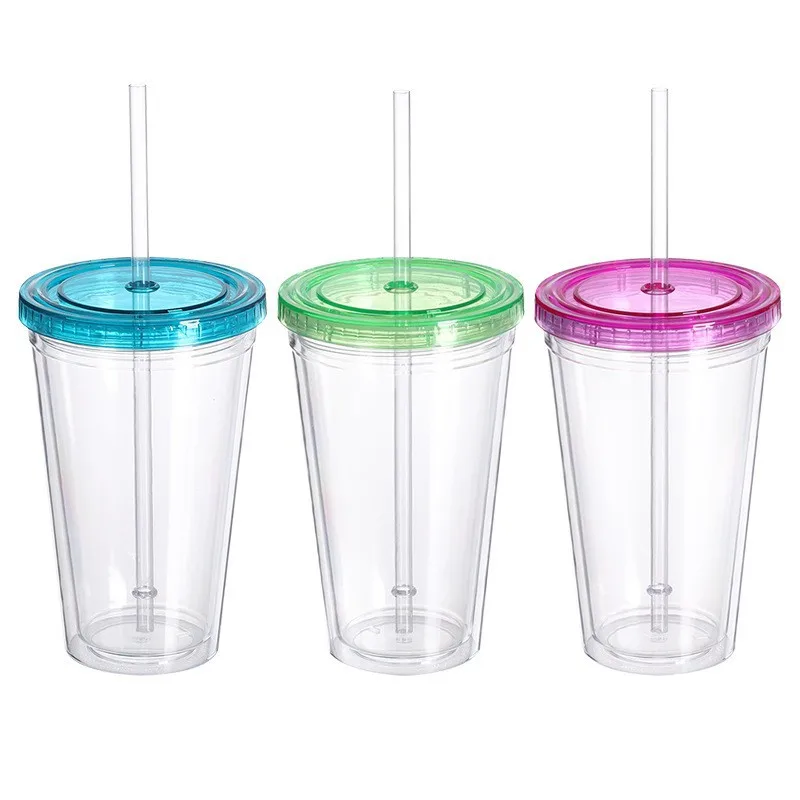 Wholesale New Double Plastic Straw Cup  PVC Pattern Coffee Cup With Cover Cup