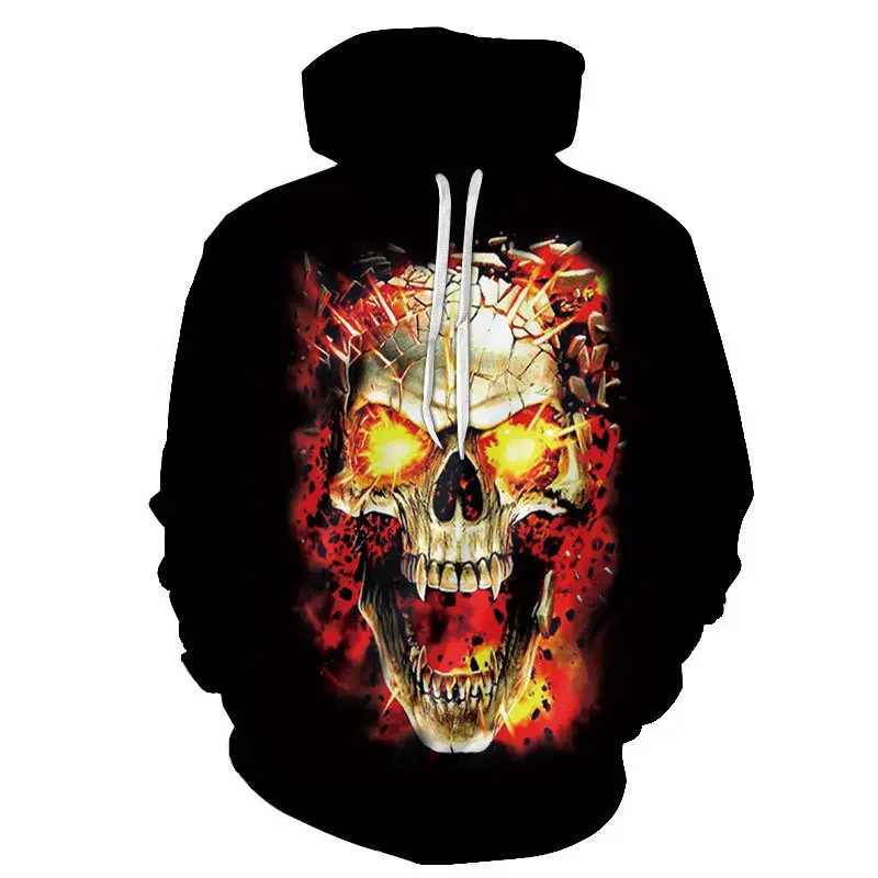 The new European and American skull 3D digital printed Hooded shirt for men in autumn 2021 features dark long sleeves