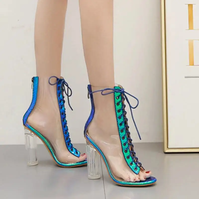 New Arrivals Footwear For Lady Fashion Clear PVC Comfortable Chunky Heel High Heel Pumps Lace Up blue snake Women Ankle Boots