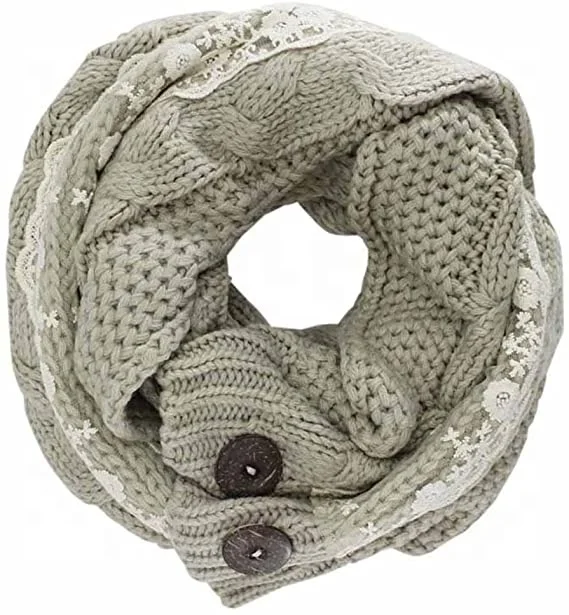 Cable Knit Scarf Neck Wrap With Lace & Button Trim