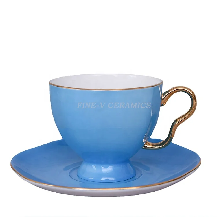 Creative Golden Rim Glaze Lotus Ceramic Afternoon Tea Cup Holiday Gift Cups Blue Bone China Coffee and Saucer