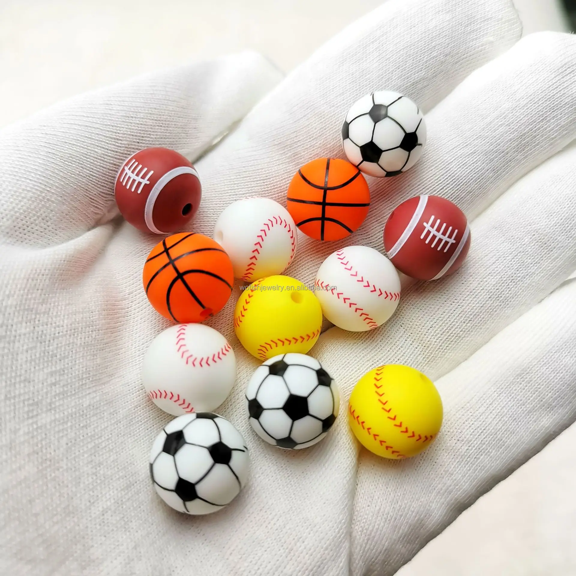 Silicone Round Sport Ball Beaded Baseball Patterns 12mm Rugby USA Football Soccer Printed 15mm 19mm Size  Bulk Wholesale Price