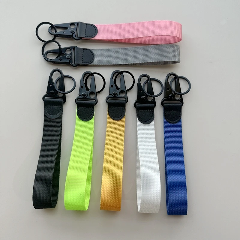 Portable Solid Color Nylon Lanyard Carabiner Keychain Accessories Customizable Logo Hand Wristlet Key Chain Holder
