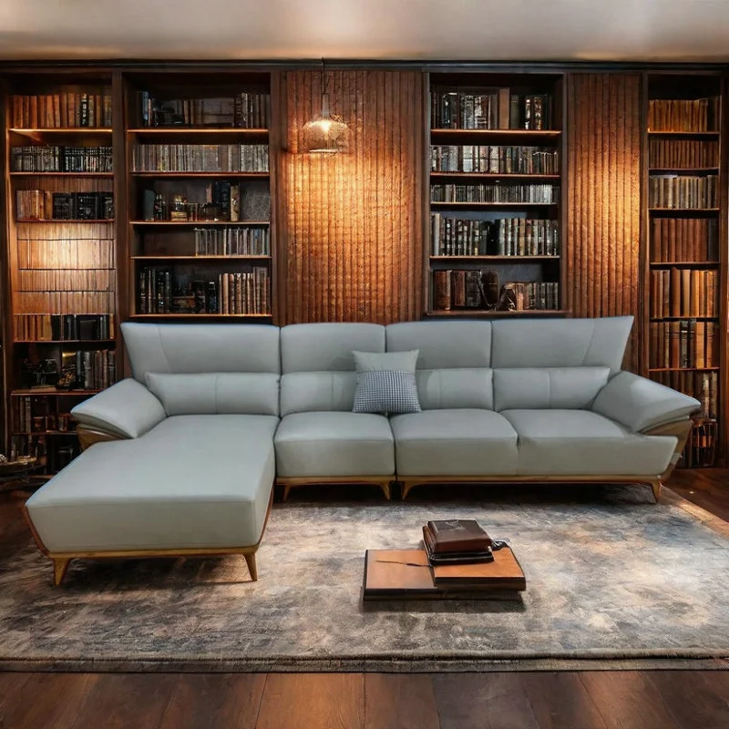 L Shape Top Grain Genuine Leather Sofa Couch With Ebony Wood For Living Room Furniture