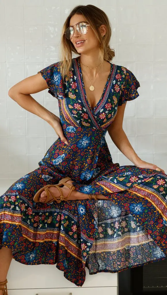 Hot Sale Summer Women Sky Blue V Neck Beach Resort Floral Printed Dress