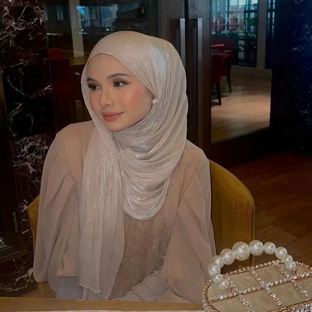 Wholesale Muslim Women Plain color Shimmer polyester Shawl  Hijab Scarfs Luxury Premium