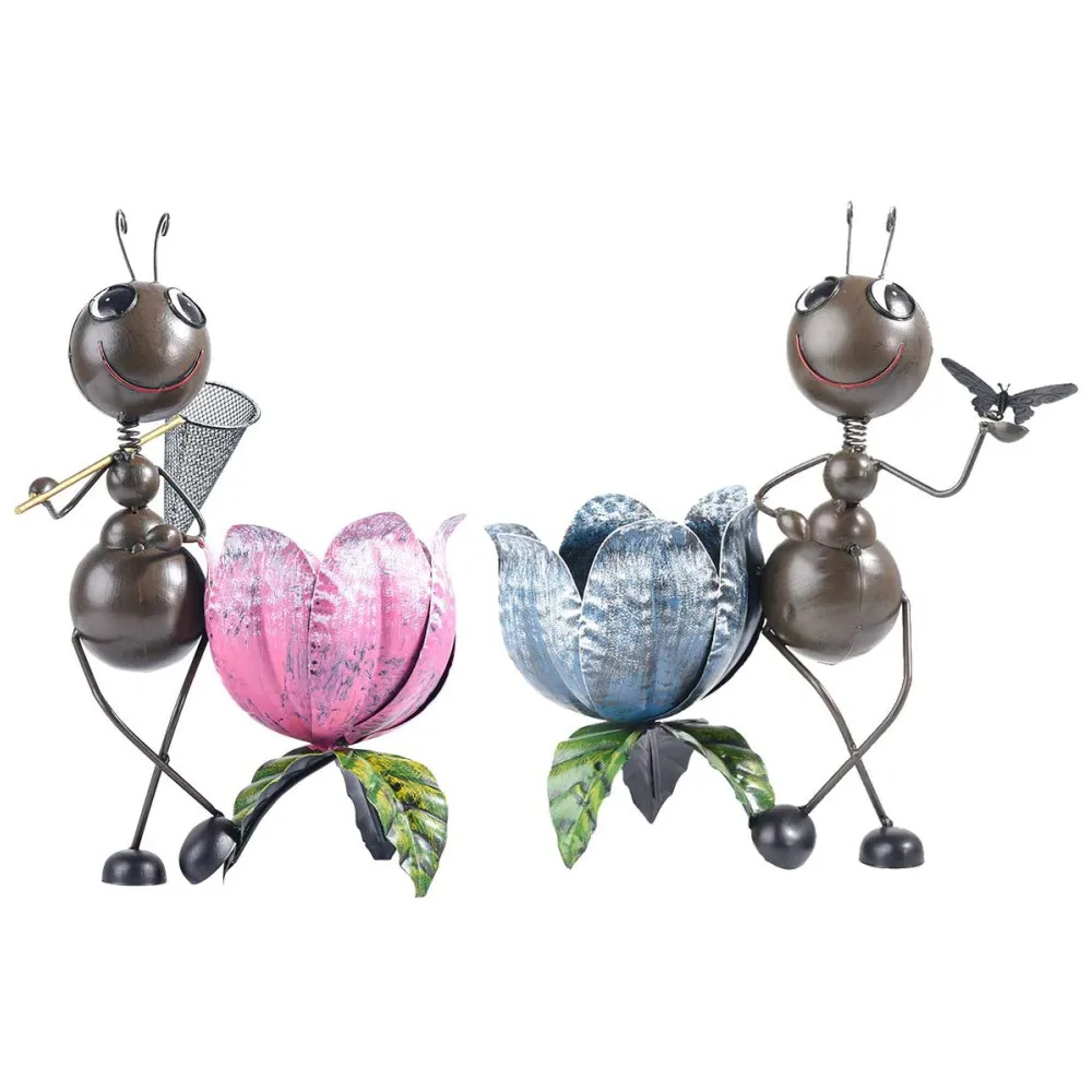 Oniya 2PC Herbs Flowers Succulents Planters Iron Funny Couple Ants Garden Pots Lovely Animal Statue Yard Ornaments