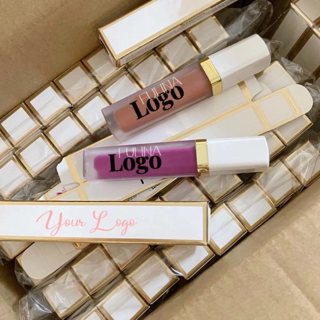 matte velvet liquid lipstick glossy lip gloss vegan private label white paper box packaging cruelty free logo custom