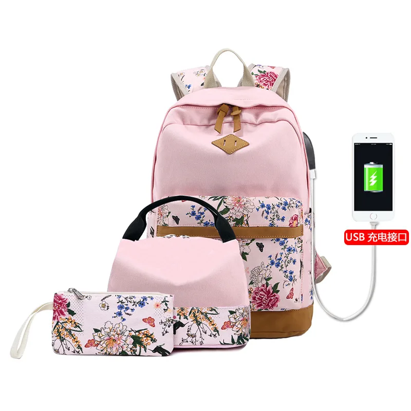 New 3pcs/Set Girl Backpack Custom Print Leisure Canvas Schoolbag Travel Backpack with usb charging