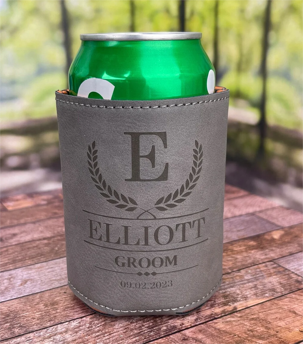 Custom logo  Luxurious  PU Leather Can,beer  cooler Holder for Groomsmen Gift