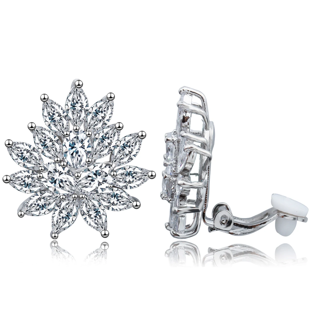 Dropshipping Flower Shape Stunning White Cubic Zircon Wedding Women No Hole Ear Clip on Earrings Without Piercing Jewelry