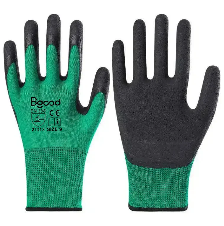Low MOQ 13G polyester green shell latex foam palm coated gloves for work men construction,garden,handling,general work use