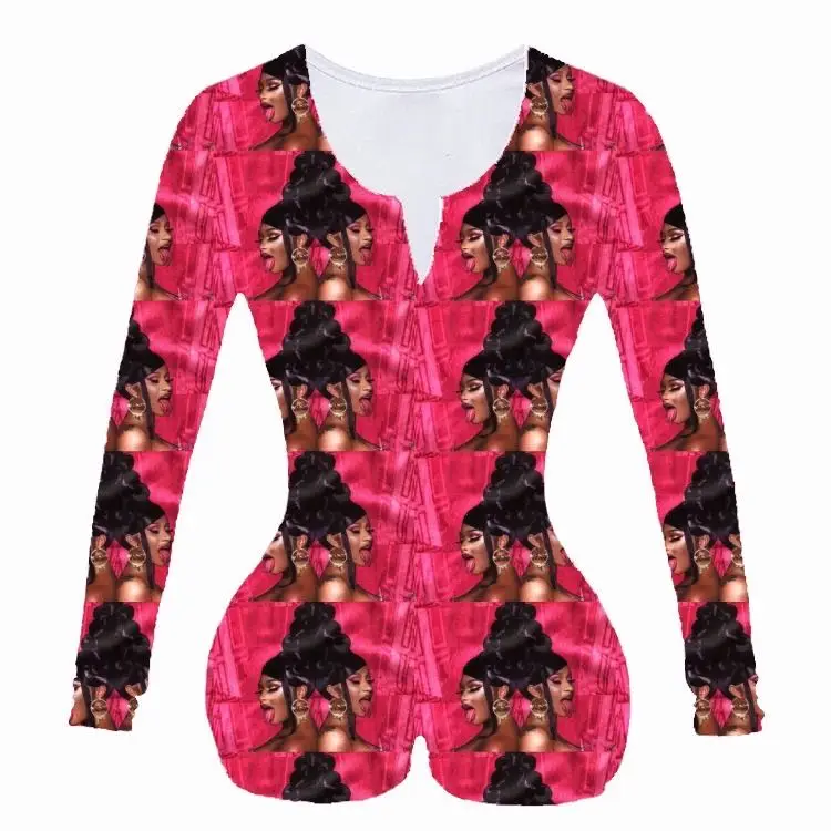 
Hot selling pvalley print onesie wap printed designer women sexy v-neck sleepwear pajamas onesie for women 