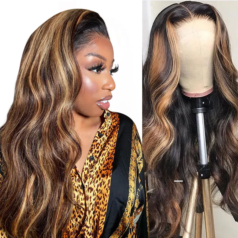 Body Wave Blonde Highlight Lace Wig Highlighted Human Hair Lace Wigs Bodywave Brown Highlights Middle Lace Closure Frontal Wig