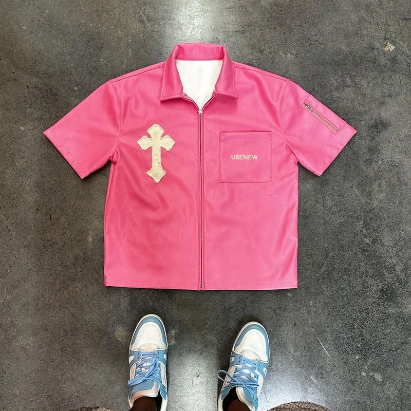 Custom Applique Logo Blue Lining Short Sleeves Button up Chest Flap Pockets Men Pu Leather T-Shirts
