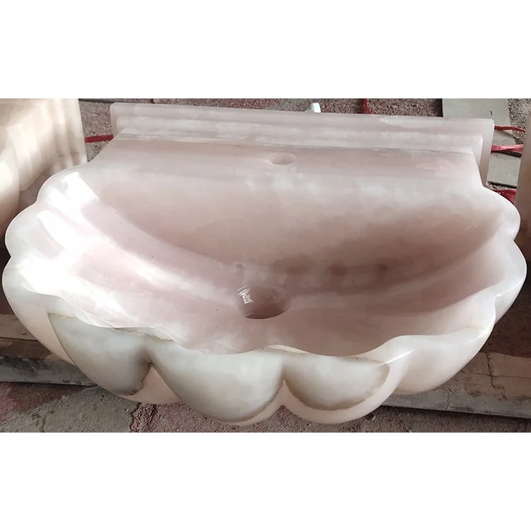 Small size natural stone marble shell shaped wall hung pink onyx bathroom sinks