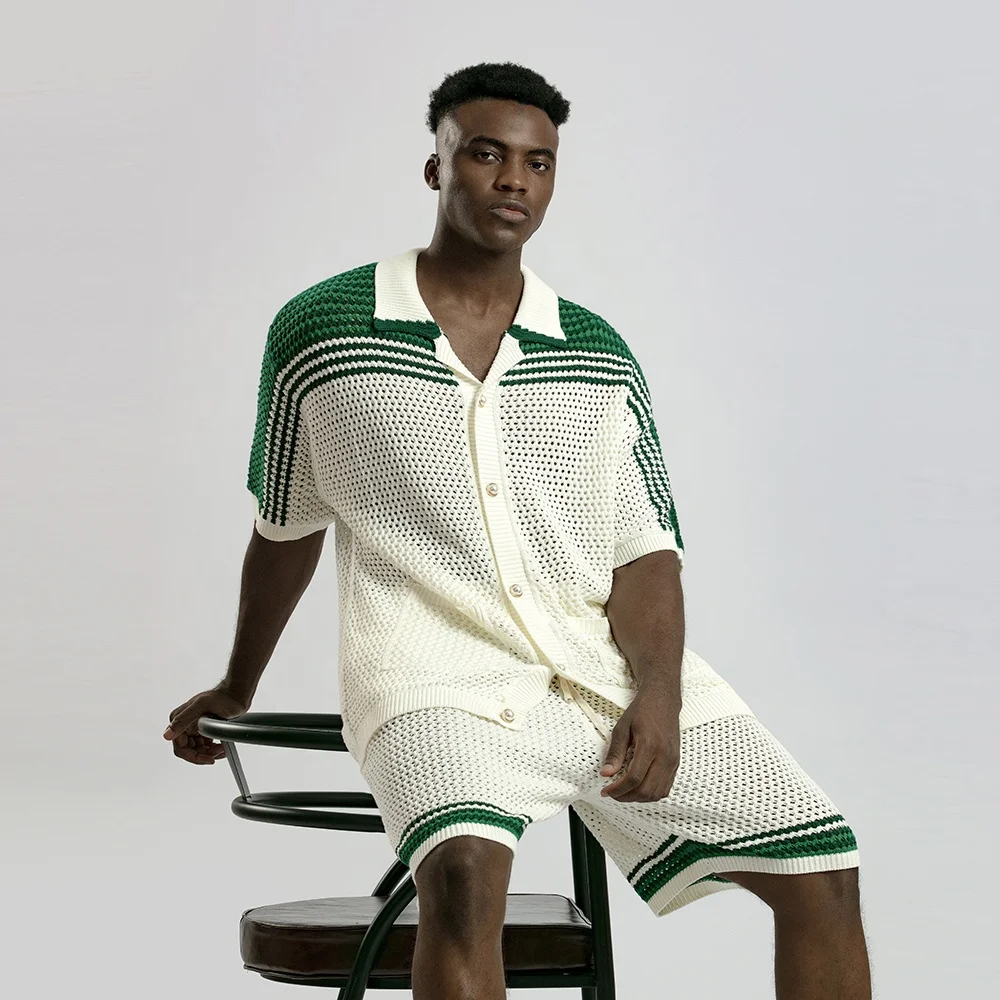 Custom men knit sweater shirt summer Hollow Out cardigan knitwear short Sleeve V-neck knitted sweater polo shirt for men