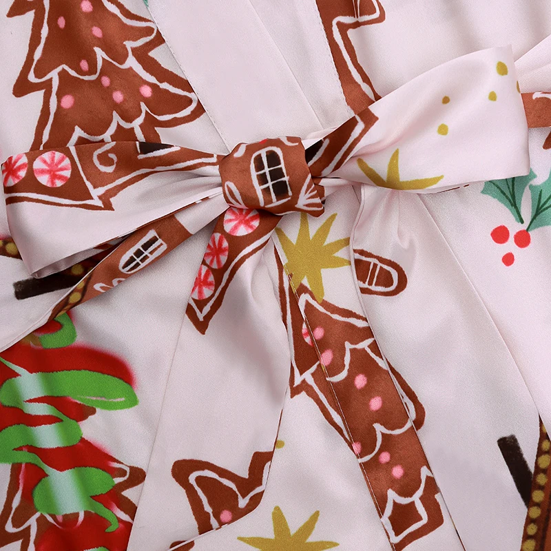 2022 Free size christmas tree pattern designs lounge wear three quarters sleeve satin silky christmas short robe for adult women