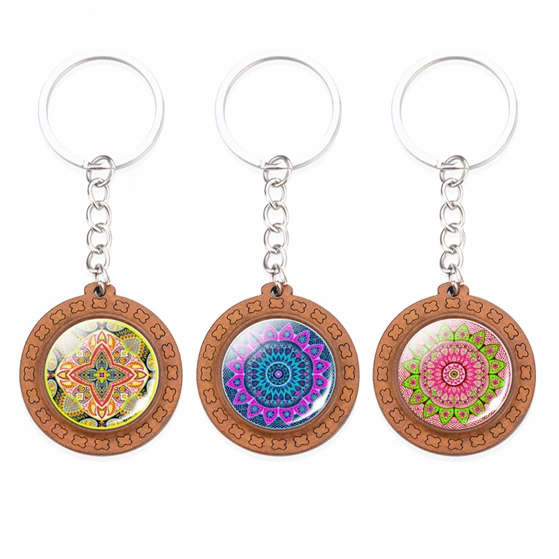 Mandala Wooden Key chain Women Men Tibetan Buddhism Totem Creative Design Glass Pendant Key ring Jewelry