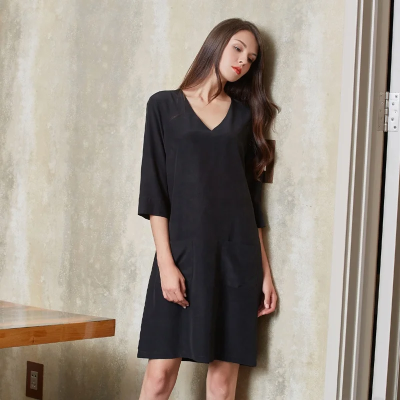 Brand OEM ODM Wholesale Hot Pink Pure Silk Crepe Stone Washed Basic V Neck A Line Tunic Dress for female