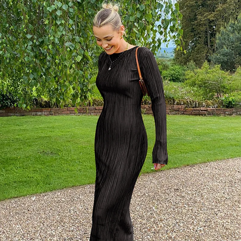 Spring Autumn Long Sleeves Round Collar Women Long Dress Round Collar Solid Color Folding Rib Dresses Women Lady Elegant