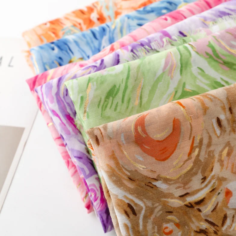 Spring and Summer Cotton and Hemp Feel Scarf Small Fragrant Wind Hot Stamped Dreamy Starry Sky Scarf Warm Shawl for Women