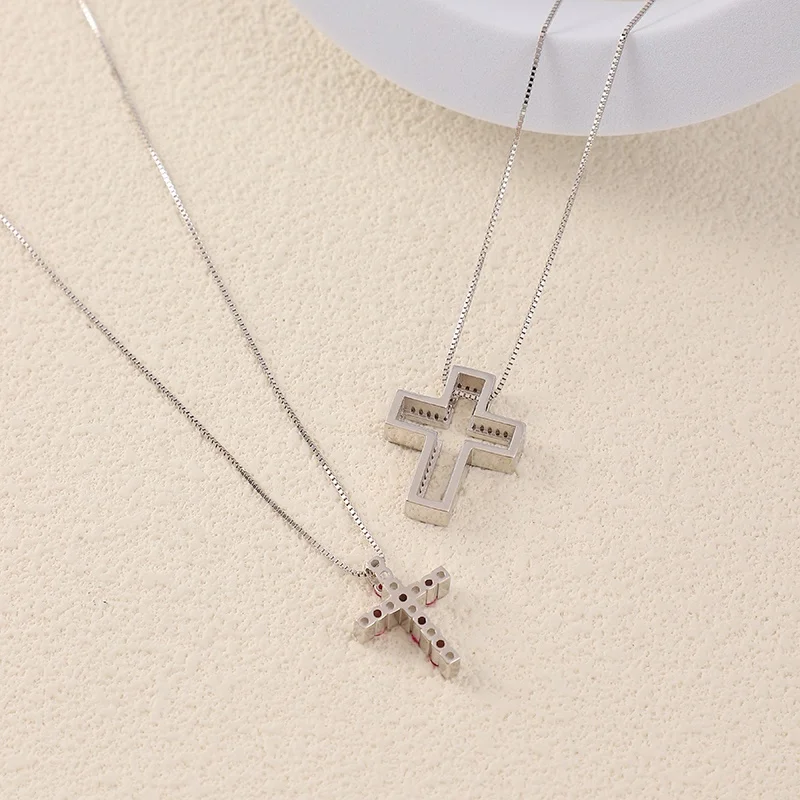 Rose Red CZ Cross Pendant Necklace 925 Sterling Silver Couple Necklace Religious 18K White Gold Jewelry