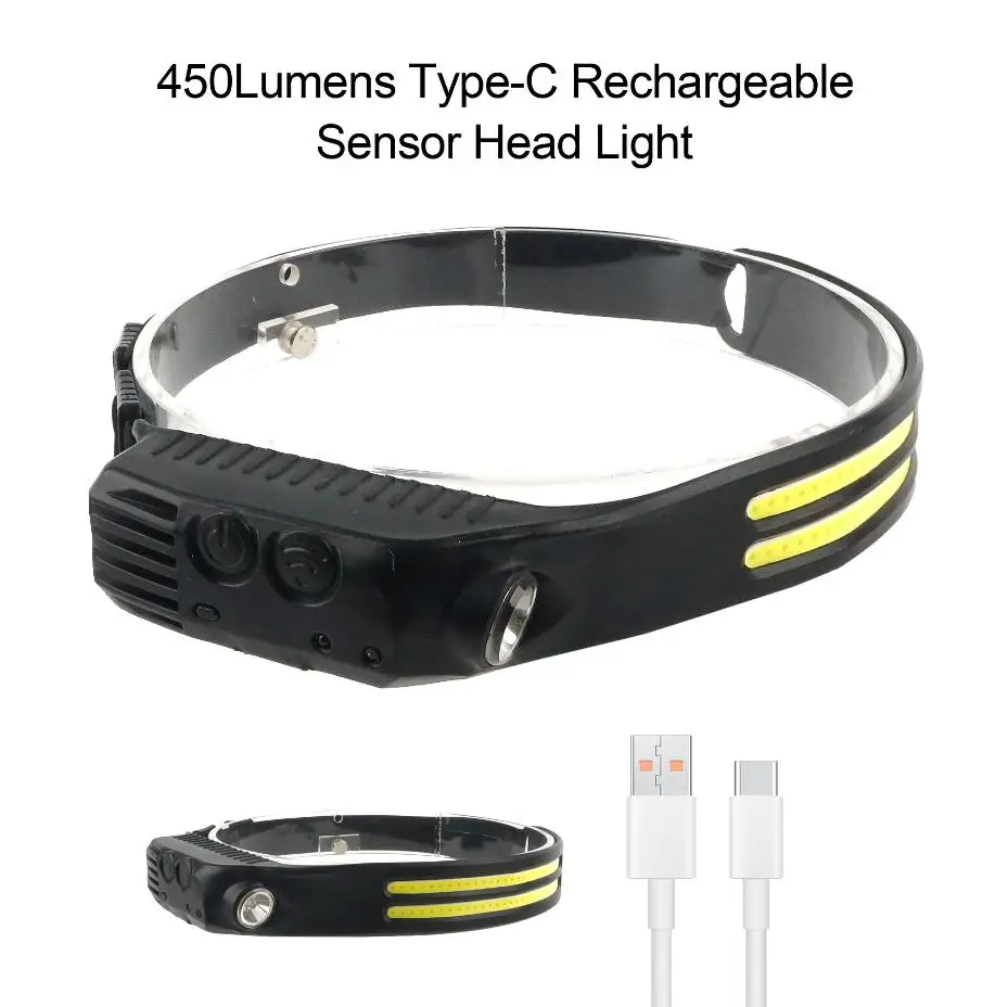 Flexible Silicone Headlight Waterproof 450Lumens COB 230 degrees LED Wide Beam Rechargeable with Motion Sensor Headlamp