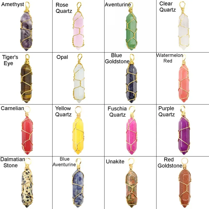 Wholesale Handmade Wrap Turquoise Rose Quartz Tiger Eye Hexagonal Prism Natural Crystal Stone Pendant for Jewelry