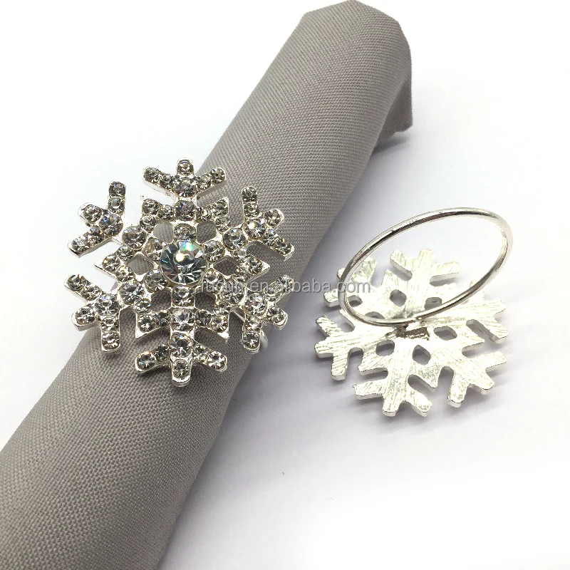 Wholesale gold coated metal crystal rhinestone Christmas wedding snowflake napkin rings