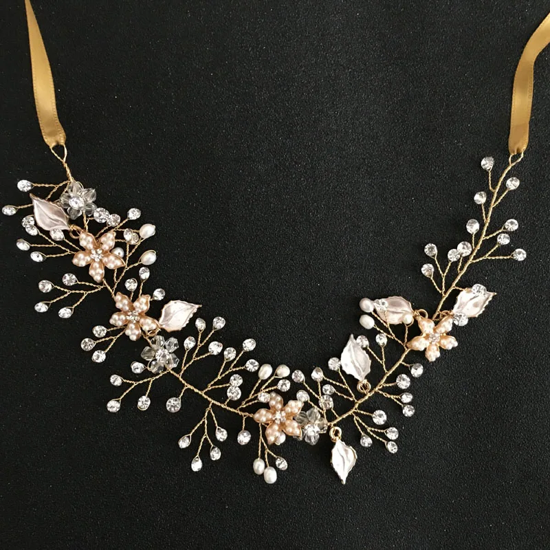 Женский обруч для волос SLBRIDAL, обруч ручной работы со стразами, пресноводным жемчугом, цветами, листьями, свадебное украшение