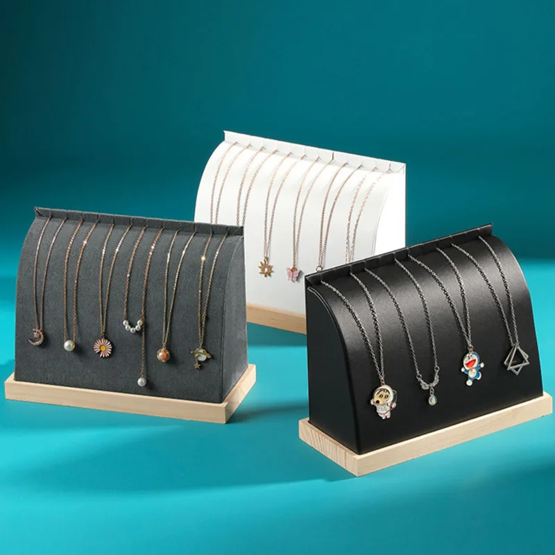 Arc-shape Jewellery Necklace Display White Pu Leather Bracelet Wooden Base Stand Cambered Pendant Chain Holder Display